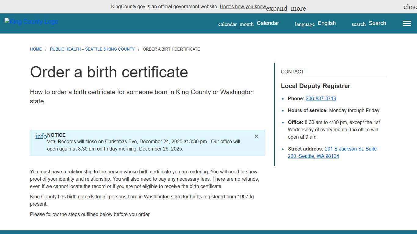 Order a birth certificate - King County, Washington